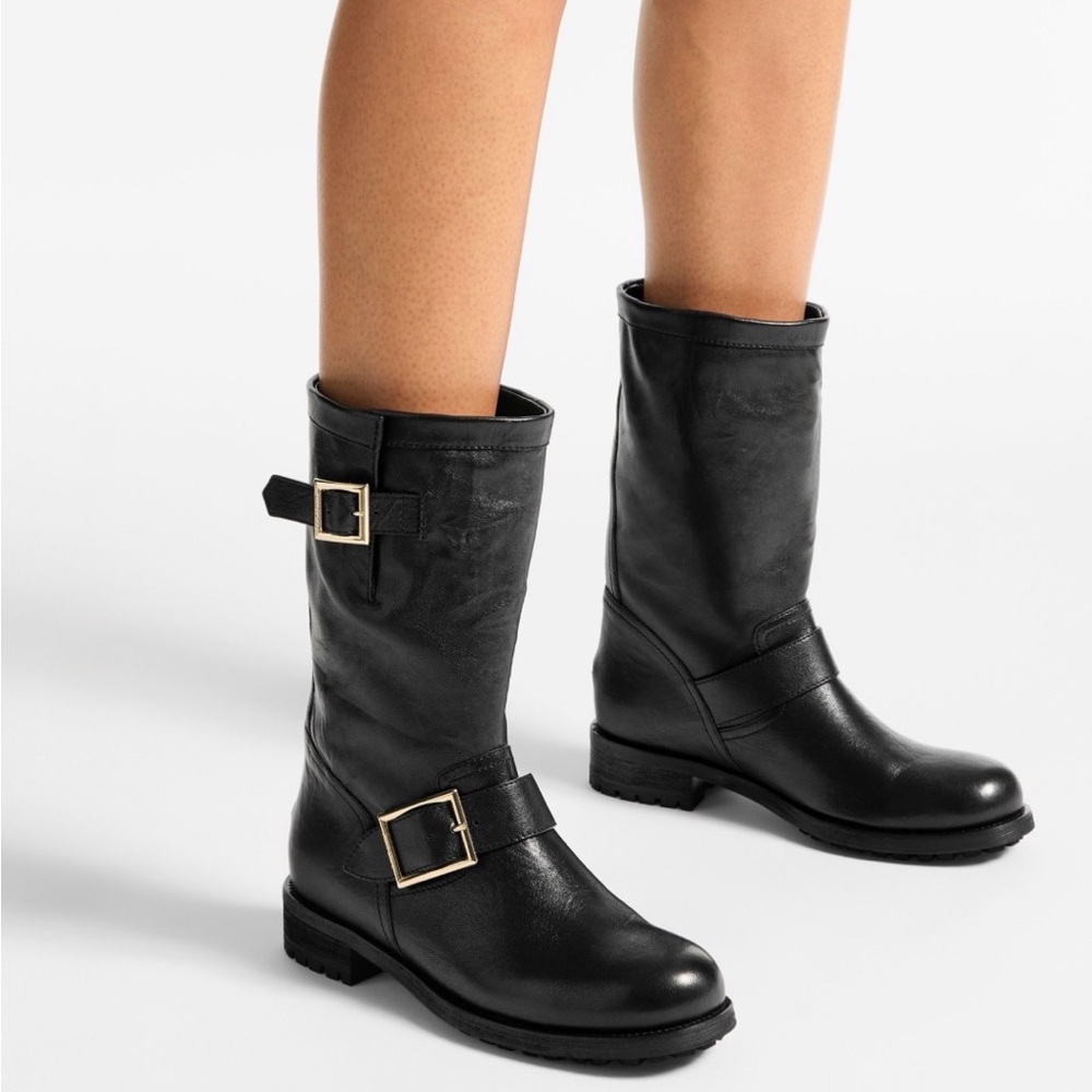 Jimmy Choo Black Leather Mid Moto Boots